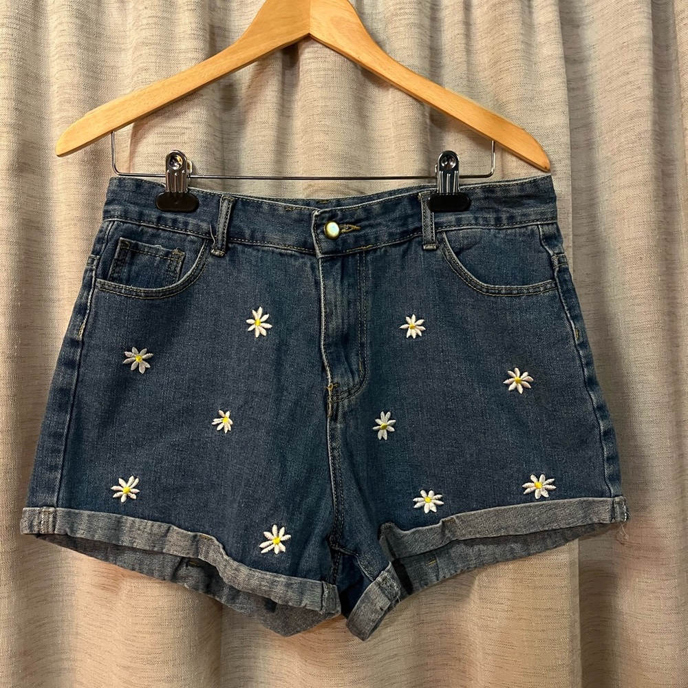 SHEIN Blue Jean Shorts with Daisy Embroidery